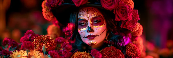 A person wears intricate skull makeup surrounded by bright flowers.