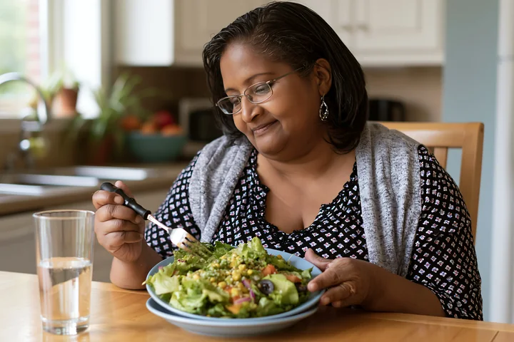 A person with limited hand mobility using utensils enjoys a large salad in a kitchen.