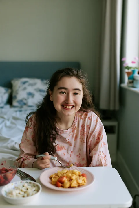 A person with limited hand mobility using utensils sits at a table, smiling while eating breakfast in a well-lit room.