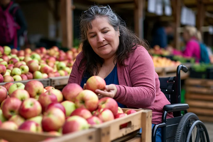 A person with muscular dystrophy using a wheelchair examines apples at a busy market.