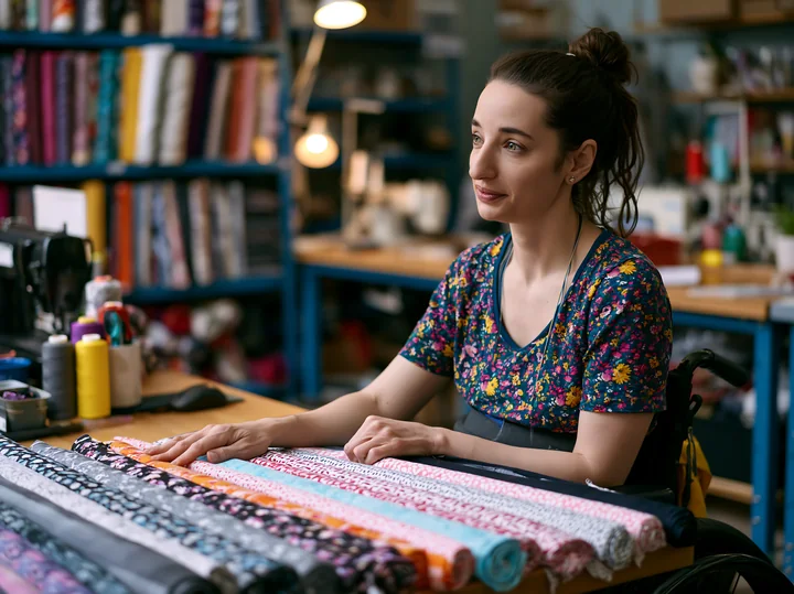 A person with muscular dystrophy using a wheelchair is sitting at a table surrounded by colorful fabric rolls in a craft store.