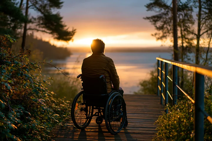 A person with muscular dystrophy using a wheelchair sits on a wooden path, facing a sunset over a body of water.