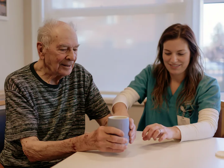 A person with Parkinson's disease receiving support from a caregiver as they hold a cup at a table.