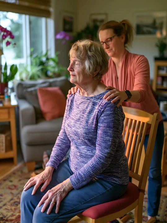 A person with Parkinson's disease receiving support is seated in a chair as another person offers assistance by massaging their shoulders in a warm living room