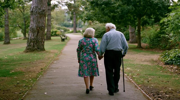 A person with Parkinson's disease receiving support walks hand in hand with a partner in a park.