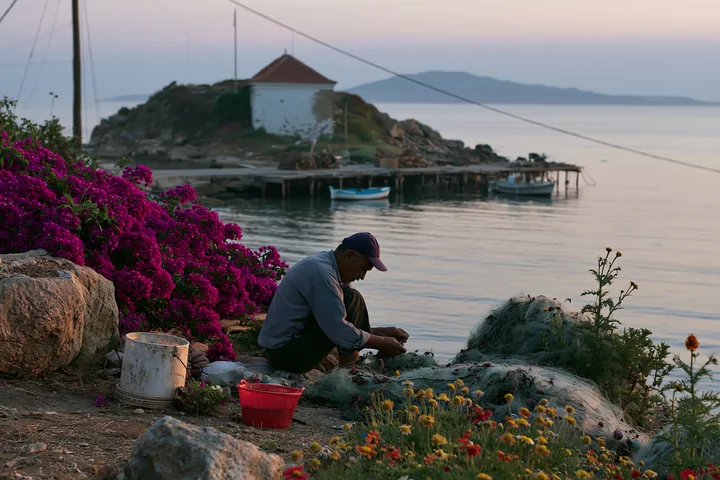 A person works on the rocks surrounded by colorful flowers on a remote island.