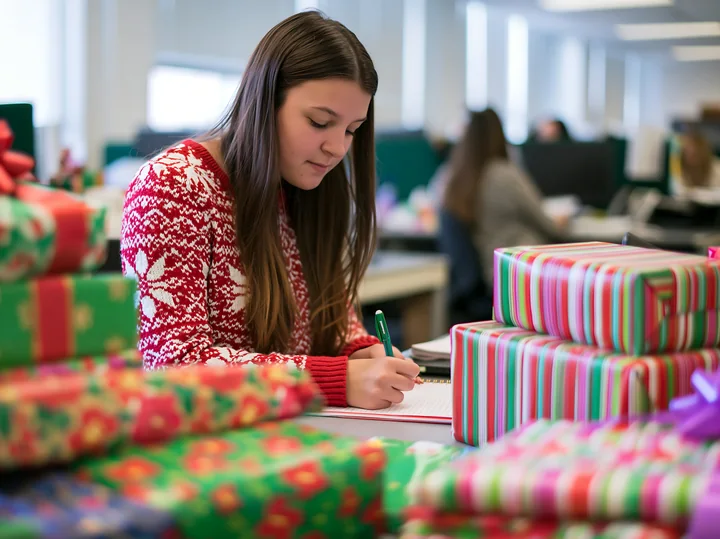 A person writing a gift list at a desk in a busy office decorated for the holidays.