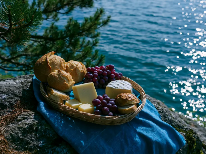 A picnic basket filled with cheese, bread, and grapes rests on a rock by an alpine lake.