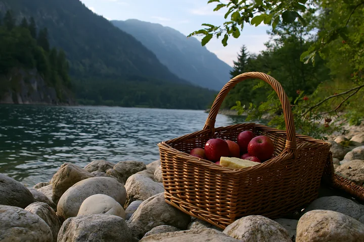 A picnic basket sits on rocks by an alpine lake, surrounded by mountains and trees.