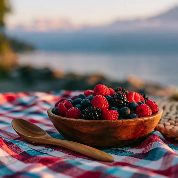 A picnic setting features a bowl filled with fresh raspberries, blueberries, and blackberries.