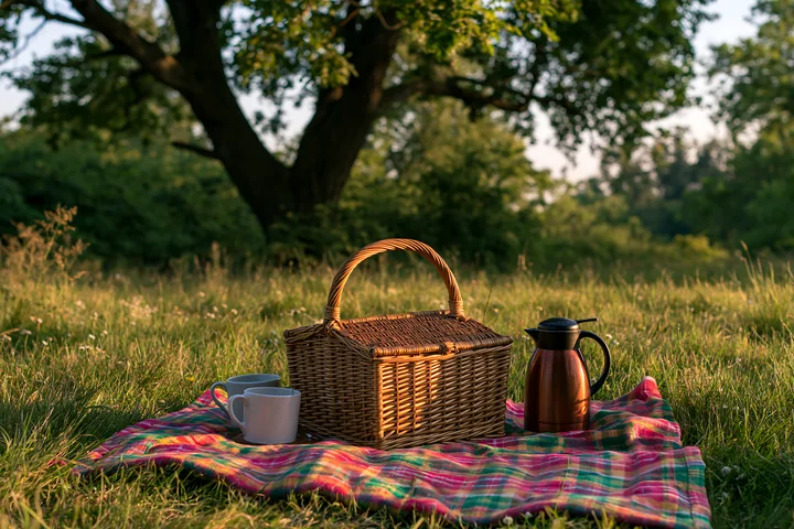 A picnic setup sits in a freshly mowed meadow, featuring a wicker basket and a thermos placed on a colorful blanket.