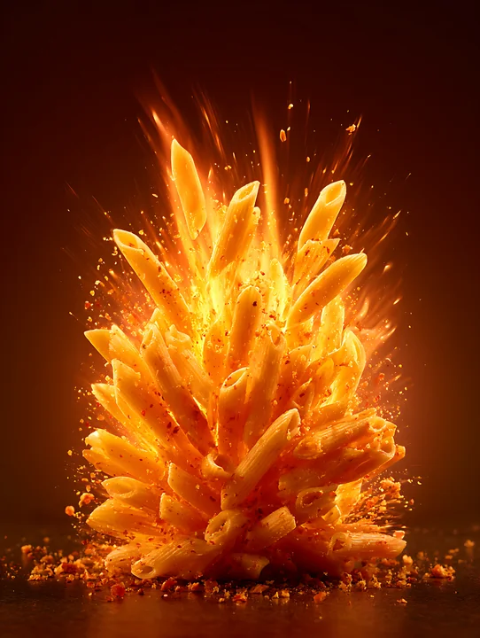 A pile of penne pasta bursts into the air, surrounded by colorful spices and dust.