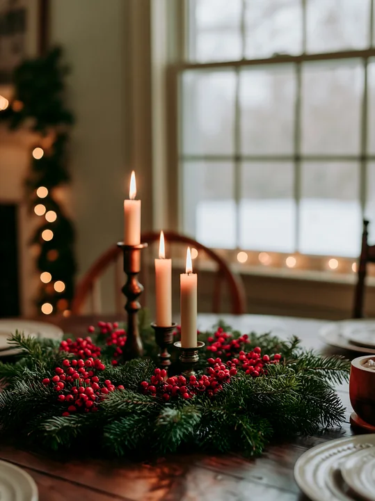 A pine wreath with red berries sits on a wooden table with three burning candles.