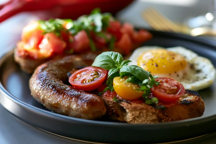A plate features grilled sausage, tomatoes, and a sunny-side-up egg, showcasing sustainable buffet catering.