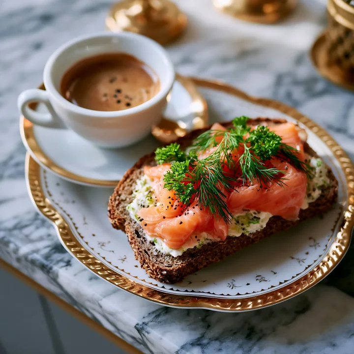 A plate holds rye bread topped with smoked salmon, cream cheese, and herbs, next to a small cup of espresso on a marble table.