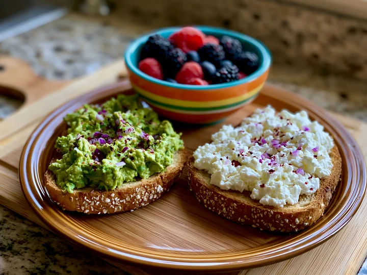 A plate holds two slices of whole grain bread topped with mashed avocado and seasoned cottage cheese, alongside a bowl of mixed fresh berries.