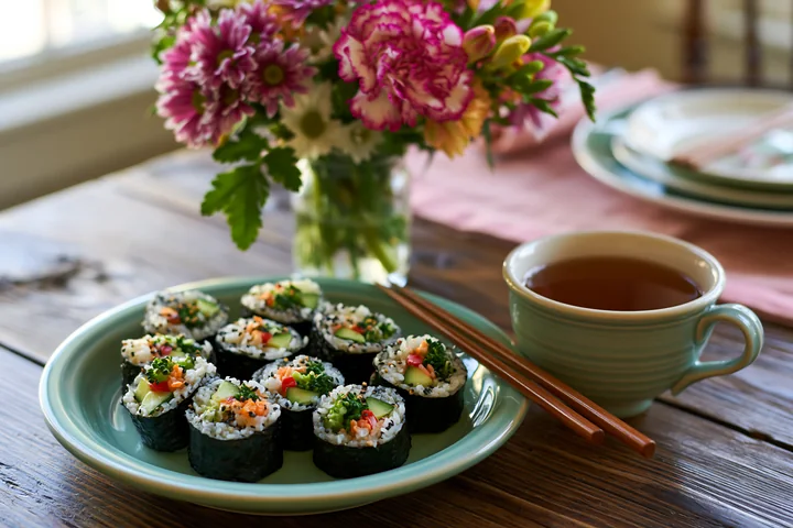 A plate of sushi served with tea is placed on a wooden table.