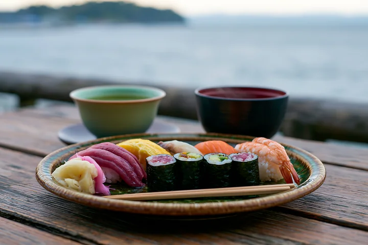 A plate of sushi sits on a table with steaming green tea nearby.