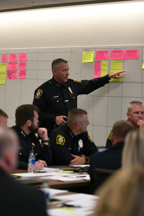 A police chief stands at the front of a meeting, pointing at a board filled with post-it notes.