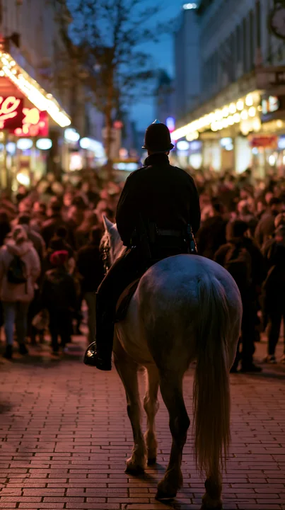 A police horse walks beside a crowded pedestrian street filled with people at night.