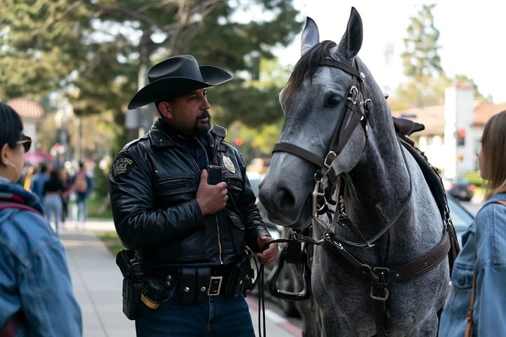 A police officer stands beside a gray horse while engaging with nearby pedestrians in an urban setting.