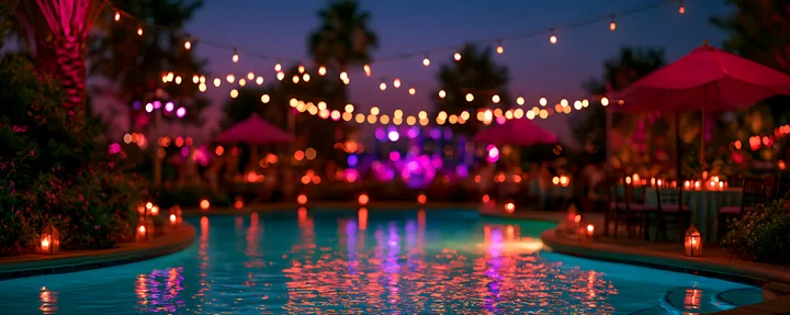 A poolside scene during an evening gathering features string lights above and lanterns around the water, creating a lively atmosphere with tables and umbrellas