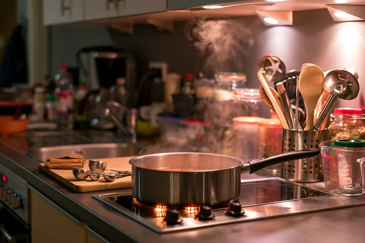 A pot simmers on the stove in a modern kitchen filled with Christmas cooking utensils.