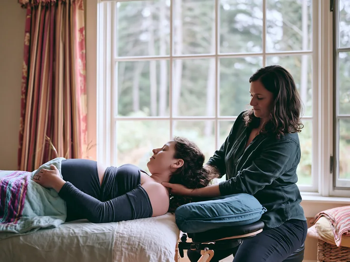 A pregnant woman lies on a massage table as a therapist provides a prenatal massage indoors.