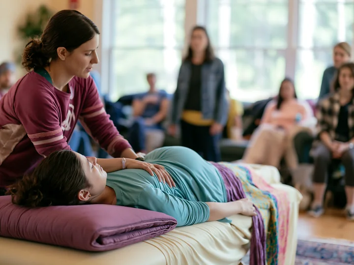 A pregnant woman lies on a massage table while a therapist applies prenatal techniques in a well-lit room.