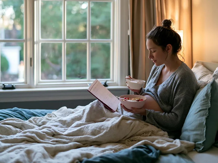 A pregnant woman sits in bed enjoying breakfast and reading a book.