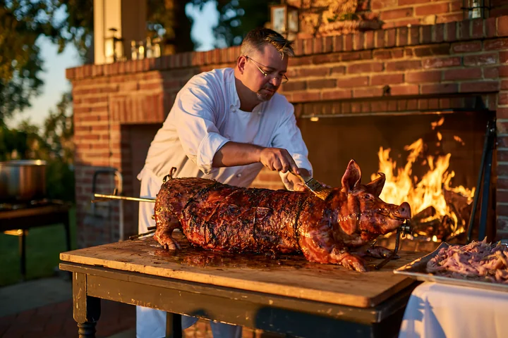 A professional chef prepares a whole pig roast at an outdoor grill.