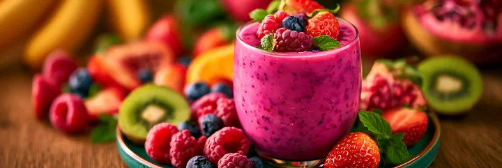 A purple smoothie sits in a clear glass surrounded by fresh strawberries, raspberries, and assorted tropical fruits on a wooden table.