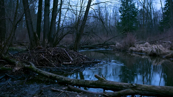 A quiet creek among tree trunks flows gently through a wooded area with fallen logs and brush visible.