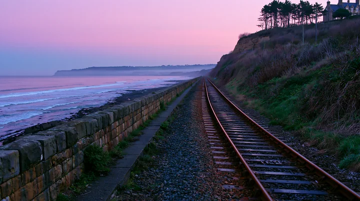 A railway track runs alongside a coastline with protective sea wall.