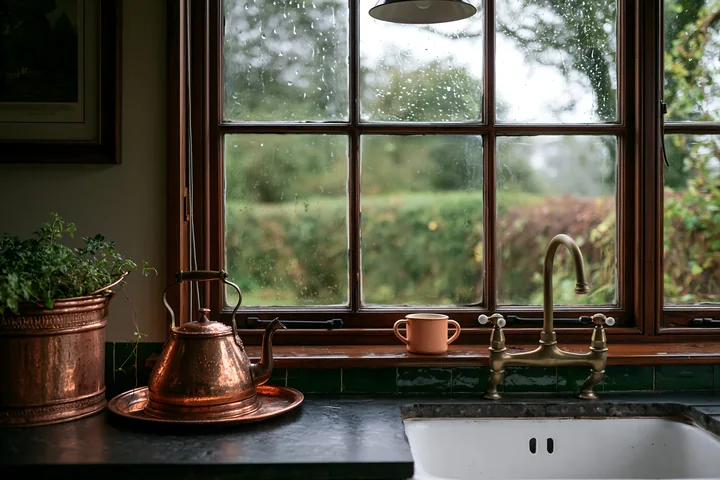 A rain-soaked wooden window in rural home shows a kettle and mug on a counter.
