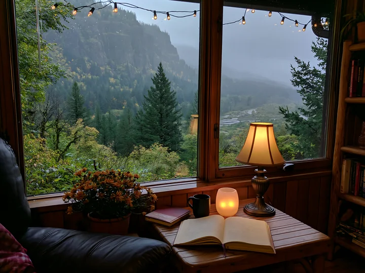 A rainy mountain landscape through cabin window shows green trees and a river in the distance.