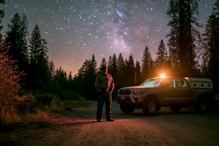 A ranger stands beside a parked truck on a forest road under a starry night sky.