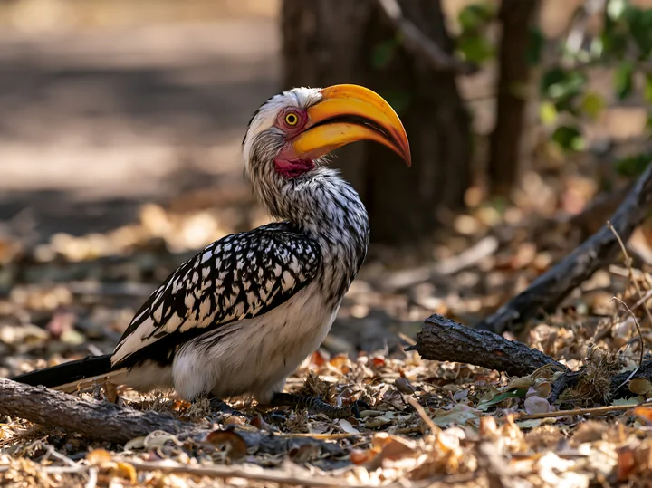 A rare bird in dry woodland sits on the ground surrounded by dry leaves and twigs.