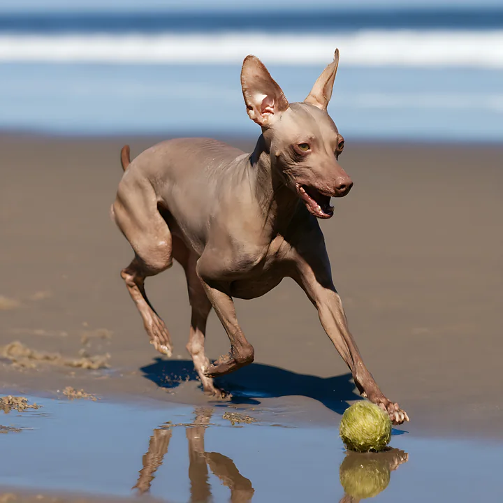 A rare breed dog is running on a sandy beach while playing with a green ball.