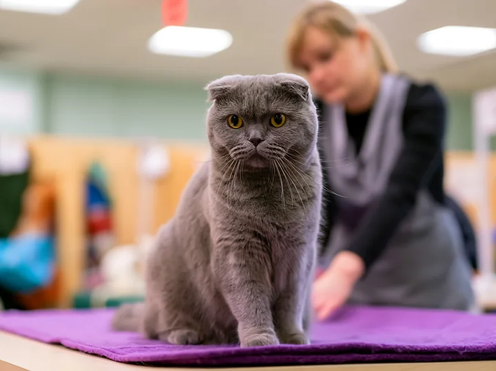 A rare cat breed at a cat show stands confidently on a purple surface.