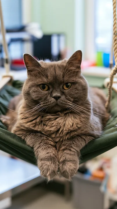 A rare cat breed is resting in a hammock during a veterinary examination at an animal clinic.