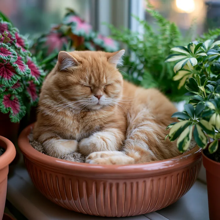 A rare cat breed sleeping at home in a basket surrounded by vibrant plants.