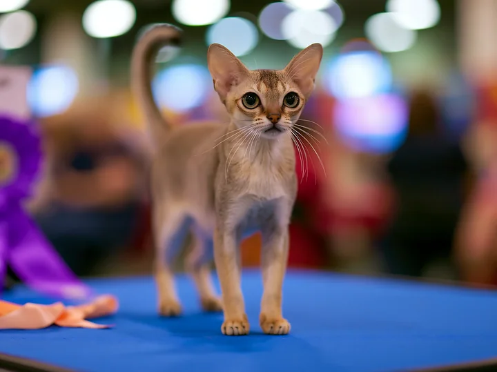 A rare cat breed stands on a blue table at a cat show, showcasing its unique features.