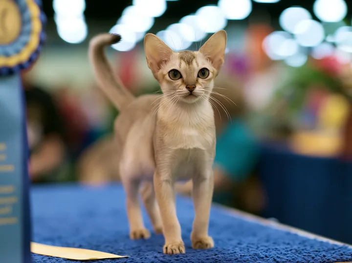 A rare cat breed stands on a blue table at a cat show surrounded by people.