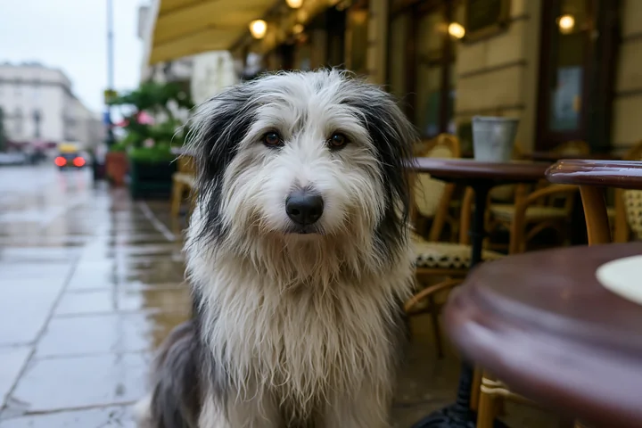 A rare dog breed at outdoor café looks directly at the camera while its owner sits nearby.