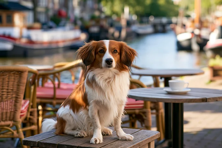 A rare dog breed at outdoor café sits on a table beside a calm waterway.