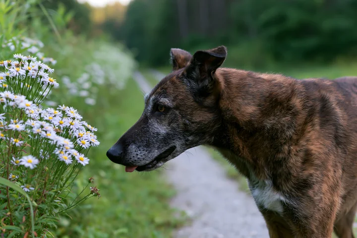 A rare dog breed brindle coat is seen sniffing white wildflowers along a gravel path in a wooded area.