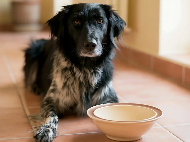 A rare dog breed in studio portrait is lying on a tiled floor next to an empty food bowl.