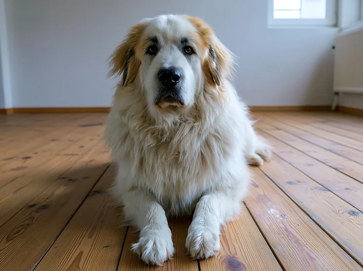 A rare dog breed in studio portrait lays on wooden flooring, with a plain wall in the background.