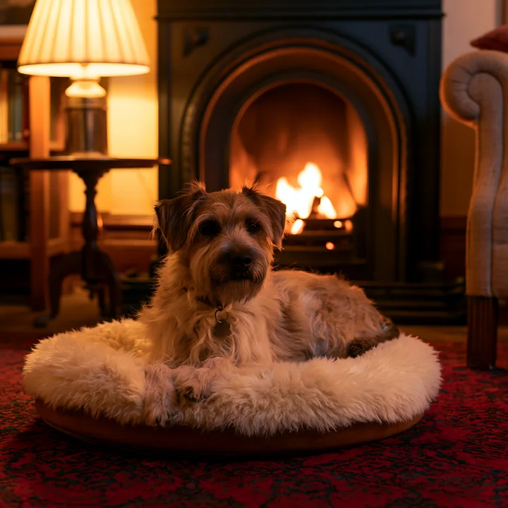A rare dog breed is laying on a soft bed in front of a warm fireplace, illuminated by the soft glow of light from a nearby lamp, creating a relaxed atmosphere i
